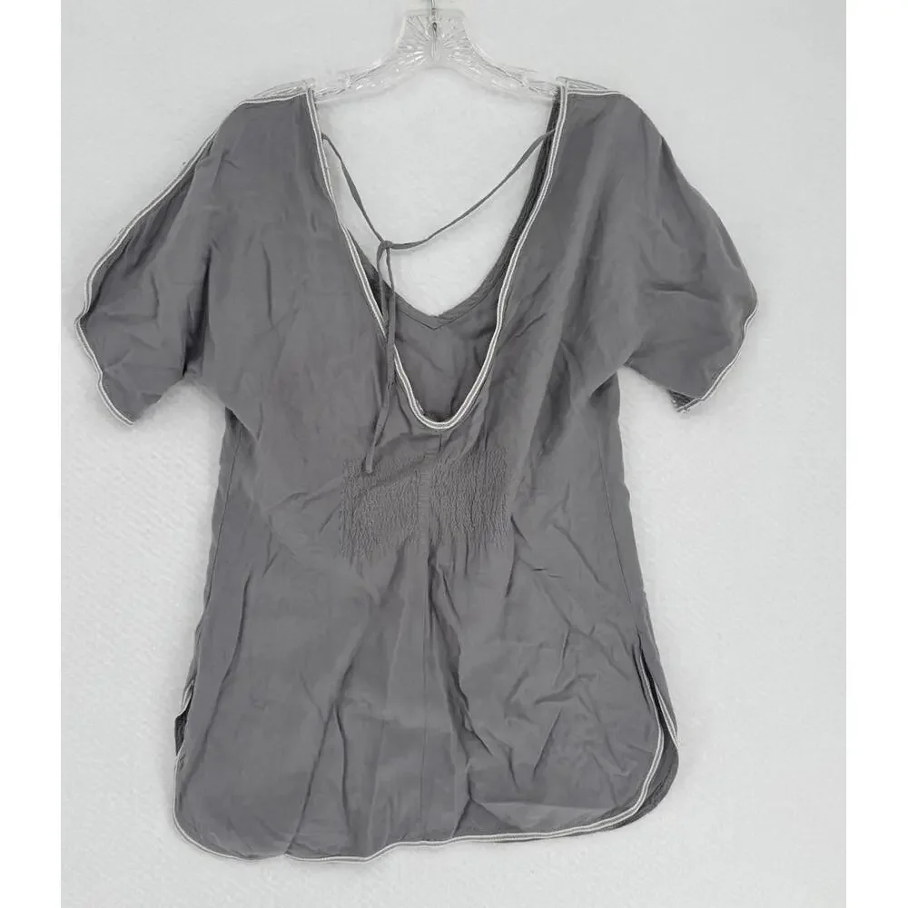 Free People Gray Embroidered Open Back Cold Shoulder Tunic Top Sz S - Picture 2 of 5